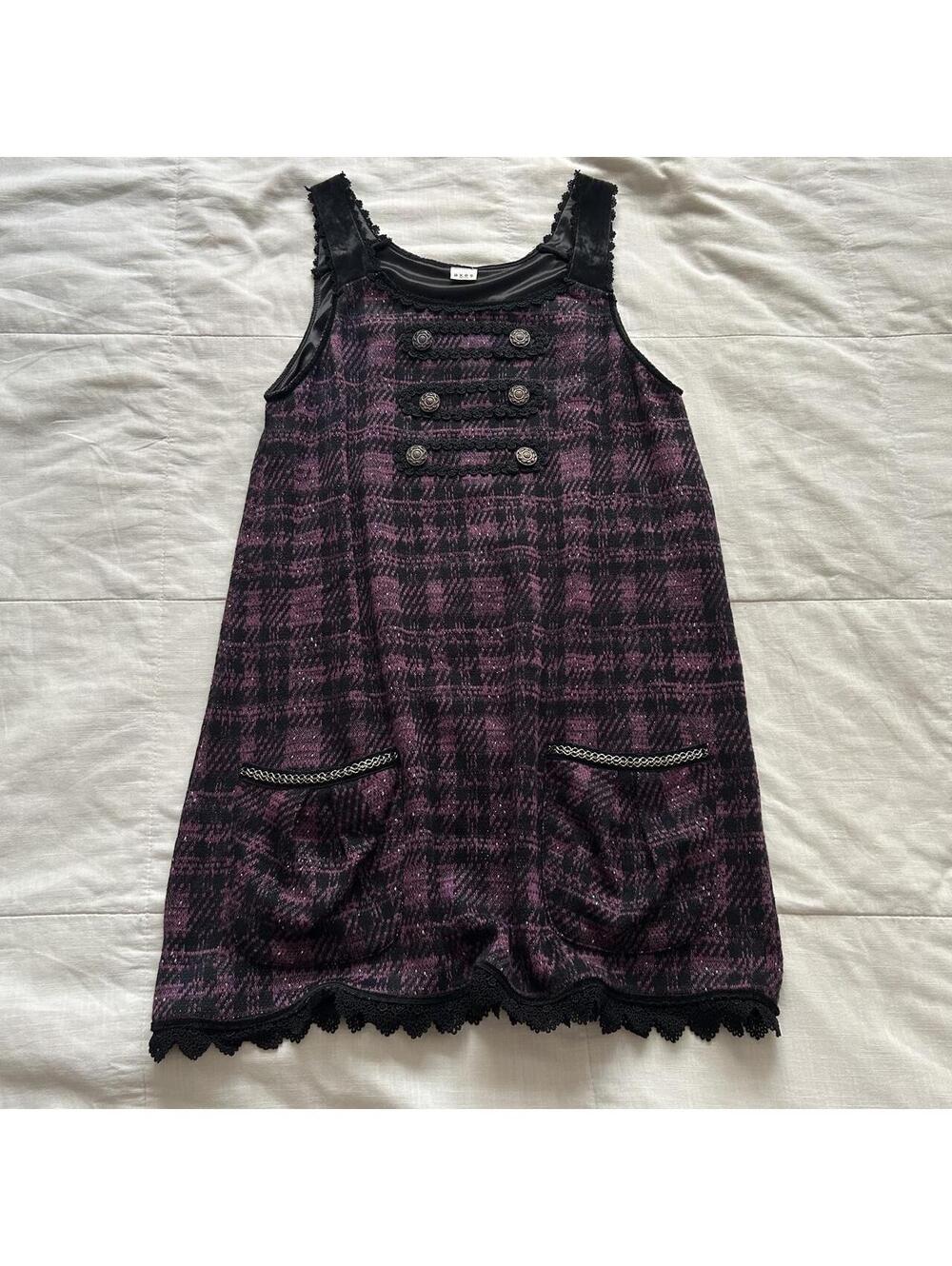 Axes Femme Purple Black Plaid Pinafore Dress Lace Trim Velvet Size M Japan